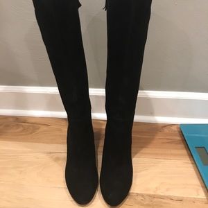 Never worn black suede knee high wedge boots